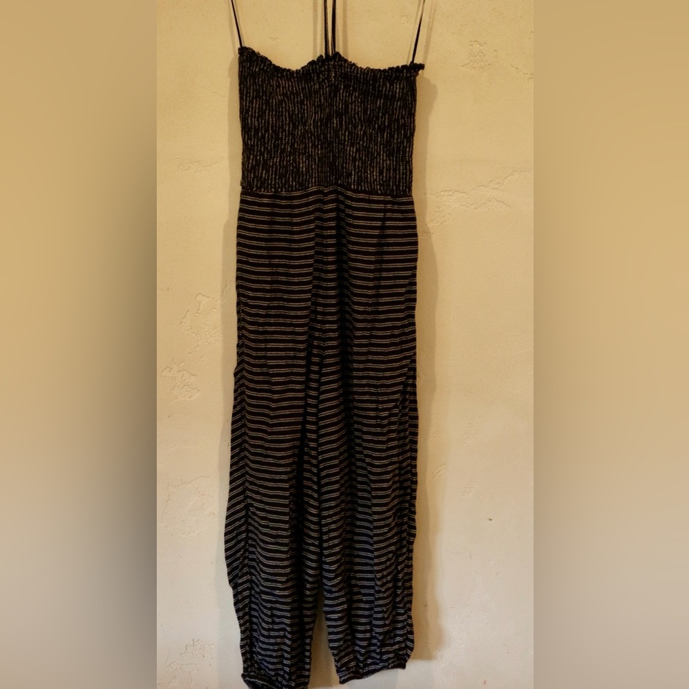 Free People Balloon Stripe Jumpsuit Smocked Strapless Pull On Rayon Size Large
